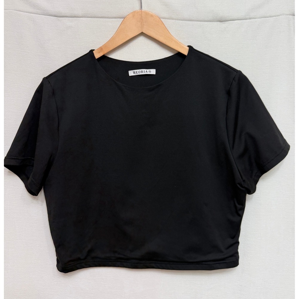 REORIA Women's Crop Top Black Thick Double Lined Short Sleeve Tee Minimalist XL